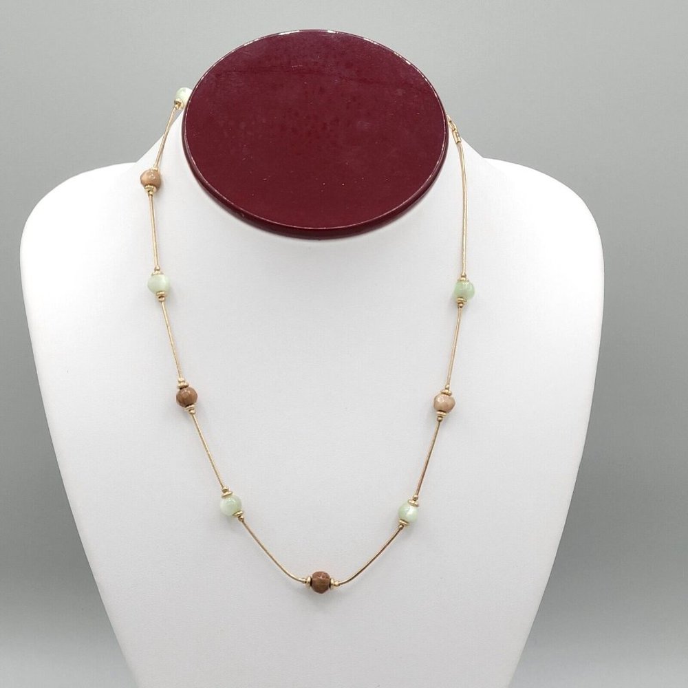 Womens Gold Tone Metal Snake Chain Station Necklace Round Faceted Beads 18 in